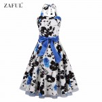 ZAFUL Women Summer Floral 60s Vintage Dress Big Size S~2XL Belts Party Swing Feminino Vestidos Halter Sleeveless Lace Hem Dress
