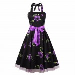 ZAFUL Women Summer Floral 60s Vintage Dress Big Size S~2XL Belts Party Swing Feminino Vestidos Halter Sleeveless Lace Hem Dress