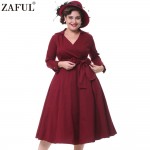 ZAFUL Women Turn Down Collar Plus Size S~4XL Belts Retro Vintage Dress Rockabilly Feminino Vestidos 60s Swing Party Dress Female