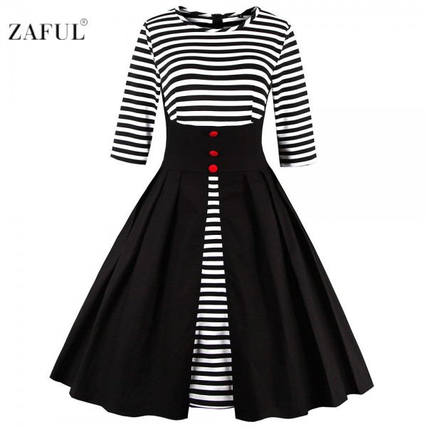 ZAFUL Women plus size Vintage dress hepburn 50s elegant long sleeve stripe robe feminino Ball Gown Party Retro Dress Vestidos