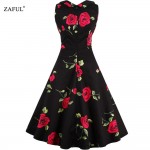 ZAFUL plus size Summer Women Dress Vintage Elegant Floral Print Audrey hepbum Sleeveless Big Hem Woman Dresses Feminino Vestidos