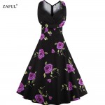 ZAFUL plus size Summer Women Dress Vintage Elegant Floral Print Audrey hepbum Sleeveless Big Hem Woman Dresses Feminino Vestidos