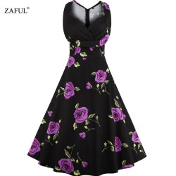 ZAFUL plus size Summer Women Dress Vintage Elegant Floral Print Audrey hepbum Sleeveless Big Hem Woman Dresses Feminino Vestidos