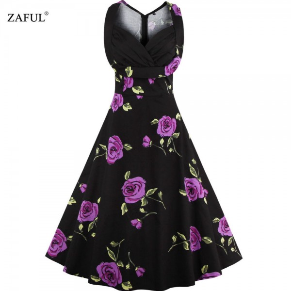 ZAFUL plus size Summer Women Dress Vintage Elegant Floral Print Audrey hepbum Sleeveless Big Hem Woman Dresses Feminino Vestidos