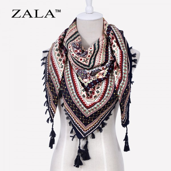 ZALA Fashion Women Big Square Printing Tassels Autumn Winter Retro Scarf Cotton india floural Headband Wraps Foulard Femme 110cm