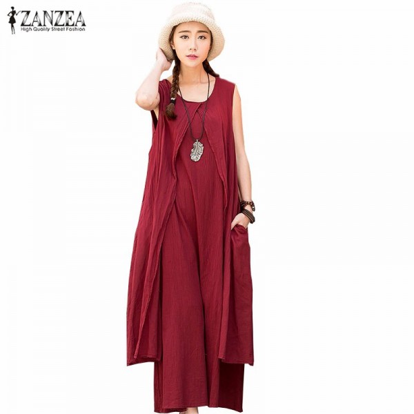 ZANZEA 2016 Summer Women Fashion Maxi Long Dress Bohemian Style Vintage Loose Linen Sleeveless Dress Vestidos Plus Size S-5XL