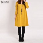 ZANZEA 2017 Autumn Women Casual Loose Solid Pocketse Dress Female Long Sleeve V Neck Dresses Vestidos Femininas Plus Size