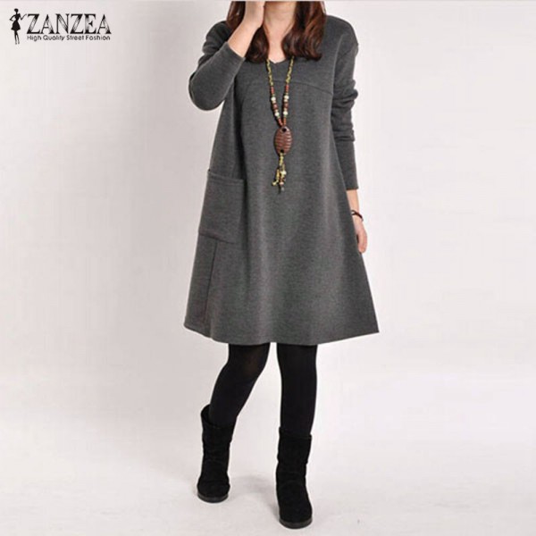 ZANZEA 2017 Autumn Women Casual Loose Solid Pocketse Dress Female Long Sleeve V Neck Dresses Vestidos Femininas Plus Size