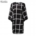 ZANZEA 2017 Autumn Women Flare Sleeve O Neck Dresses Casual Ladies Black White Plaid Print Back Zipper Loose Femininas Vestidos