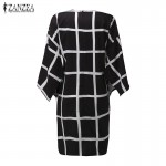 ZANZEA 2017 Autumn Women Flare Sleeve O Neck Dresses Casual Ladies Black White Plaid Print Back Zipper Loose Femininas Vestidos