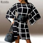 ZANZEA 2017 Autumn Women Flare Sleeve O Neck Dresses Casual Ladies Black White Plaid Print Back Zipper Loose Femininas Vestidos