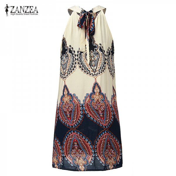 ZANZEA 2017 New Summer Dress Boho Women Printed Sundress Halter Sleeveless Beach Party Mini Dresses Plus Size Vestidos