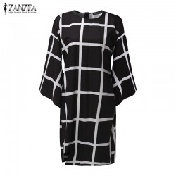 ZANZEA 2018 Women Flare Sleeve O Neck Dresses Casual Ladies Plaid Print Dress Back Zipper Tunic Clubwear Femininas Vestidos
