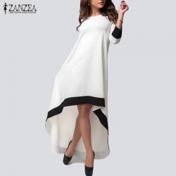 ZANZEA Autumn 2017 Fashion Womens Chiffon Maxi Long Dress Patchwork Asymmetrical Dress 3/4 Sleeve O Neck Vestidos Plus Size