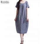 ZANZEA Fashion 2017 Womens Casual Loose Short Sleeve O Neck Dress Solid Pockets Femininas Vestidos Mid-Carf Robe Plus Size