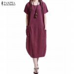 ZANZEA Fashion 2017 Womens Casual Loose Short Sleeve O Neck Dress Solid Pockets Femininas Vestidos Mid-Carf Robe Plus Size