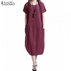 ZANZEA Fashion 2017 Womens Casual Loose Short Sleeve O Neck Dress Solid Pockets Femininas Vestidos Mid-Carf Robe Plus Size