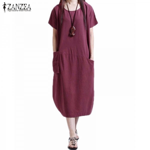 ZANZEA Fashion 2017 Womens Casual Loose Short Sleeve O Neck Dress Solid Pockets Femininas Vestidos Mid-Carf Robe Plus Size