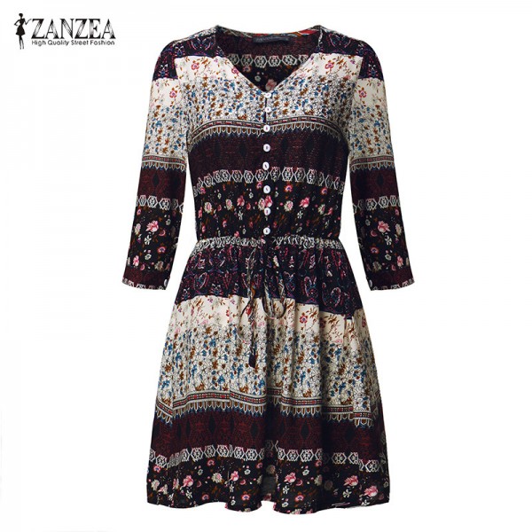 ZANZEA Fashion 2018 Women Bohemian Mini Beach Dresses Sexy Ladies Half Sleeve V Neck Elastic Waist Sundress Vestidos Plus Size