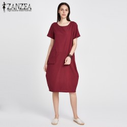ZANZEA Fashion 2018 Womens Casual Loose Short Sleeve O Neck Dress Solid Pockets Femininas Vestidos Mid-Carf Robe Plus Size