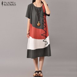 ZANZEA New Elegant Women Ladies Midi Dress 2017 Short Sleeve Round Collar Pockets Splice Color Casual Loose Calf Length Vestidos