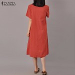 ZANZEA New Elegant Women Ladies Midi Dress 2017 Short Sleeve Round Collar Pockets Splice Color Casual Loose Calf Length Vestidos