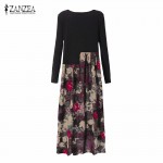 ZANZEA Women Autumn Kaftan Dress 2018 Ladies Retro O Neck Long Sleeve Floral Print Patchwork Cotton Linen Loose Maxi Vestidos