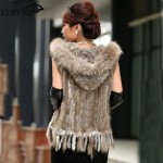 ZDFURS * fashion fur vest  raccoon fur trimming  knitted  rabbit fur vest with hood   fur waistcoat gilet ZDKR-165037