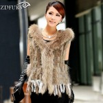 ZDFURS * fashion fur vest  raccoon fur trimming  knitted  rabbit fur vest with hood   fur waistcoat gilet ZDKR-165037