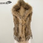 ZDFURS * fashion fur vest  raccoon fur trimming  knitted  rabbit fur vest with hood   fur waistcoat gilet ZDKR-165037