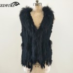 ZDFURS * fashion fur vest  raccoon fur trimming  knitted  rabbit fur vest with hood   fur waistcoat gilet ZDKR-165037