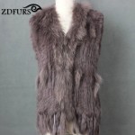 ZDFURS * natural real rabbit fur vest with raccoon fur collar waistcoat/jackets rex rabbit knitted  winter for women ZDKR-165005