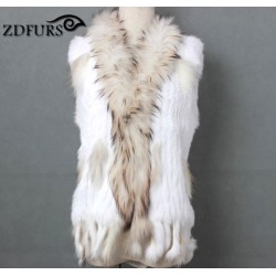 ZDFURS * natural real rabbit fur vest with raccoon fur collar waistcoat/jackets rex rabbit knitted  winter for women ZDKR-165005
