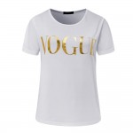ZSIIBO VOGUE Printed Glod Shining Letter T-shirt Women Simple Casual Short Sleeve Femme O-Neck Tops 5 Colors KaTx08