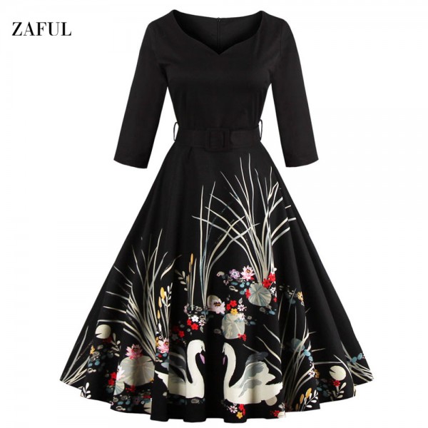 Zaful New S- 4XL Trendy Plus Size Vintage Women Dress Summer Autumn Elegant Big Swing Dresses With Belt Tunic Vestidos