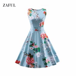 Zaful S-4XL Women Plus Size Vintage Dress Floral Print Round Collar Sleeveless Elegant Slim Tunic Dress Female Vestidos 