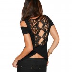 Z&KOZE 2016 Summer Women Hollow Out T Shirts Black Short Sleeve Off Shoulder Lace Patchwork Tops Tees Femme Camisetas Mujer