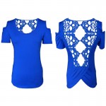 Z&KOZE 2016 Summer Women Hollow Out T Shirts Black Short Sleeve Off Shoulder Lace Patchwork Tops Tees Femme Camisetas Mujer