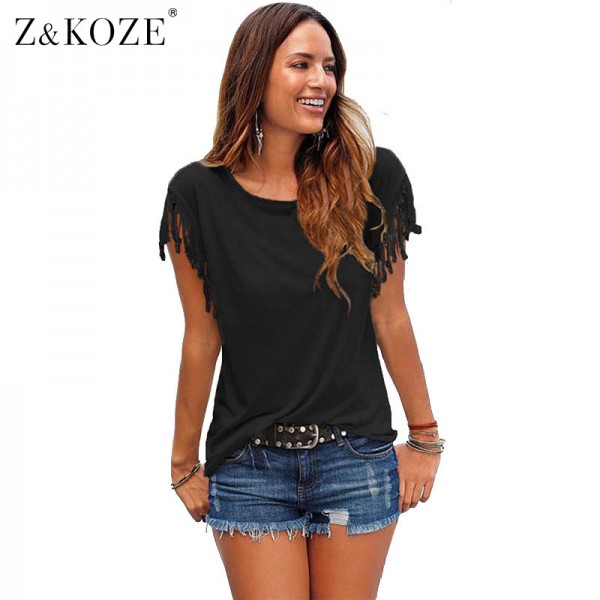 Z&KOZE 2017 New Summer Plus Size Tassel t-shirt Women T Shirts Short Sleeve Tops Tees Tshirt Fashion For Women Sexy Blusas