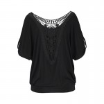 Z&KOZE Womens Hollow out Stitching Lace Summer T Shirt Fashion Loose tops Lady Lace Top t-shirt Sexy Tee Tops plus size