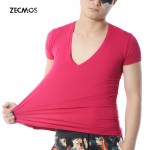 Zecmos Deep V Neck Sexy Men T-Shirt Vintage Short Sleeve Solid Color Muscle Fit T Shirt Men Top Tees Fashion
