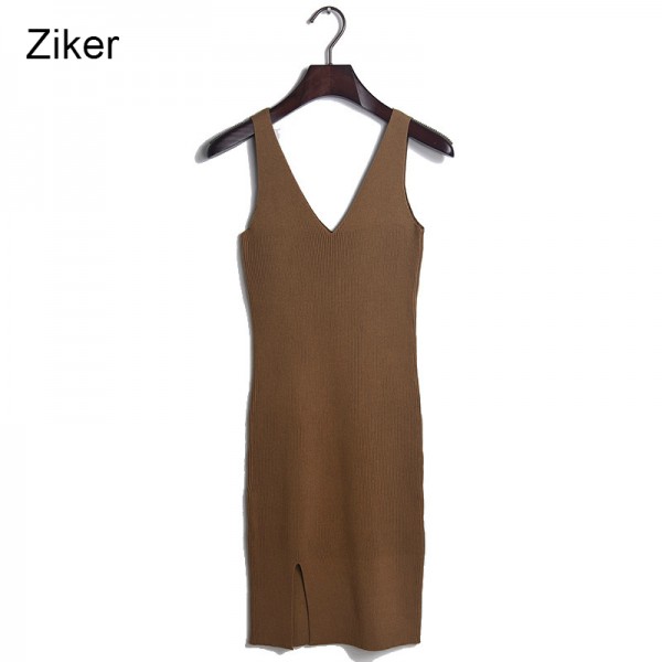 Ziker Brand New Fashion Women Sweater Dress Sexy Double-Sided V-Neck Split Slim Sheath Tank Knitting Dress vestidos