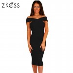 Zkess 2017 women Elastic Cotton Warm Off Shoulder Elegant Party Dresses Sexy Midi Pencil Club Bandage Bodycon Dress LC61464