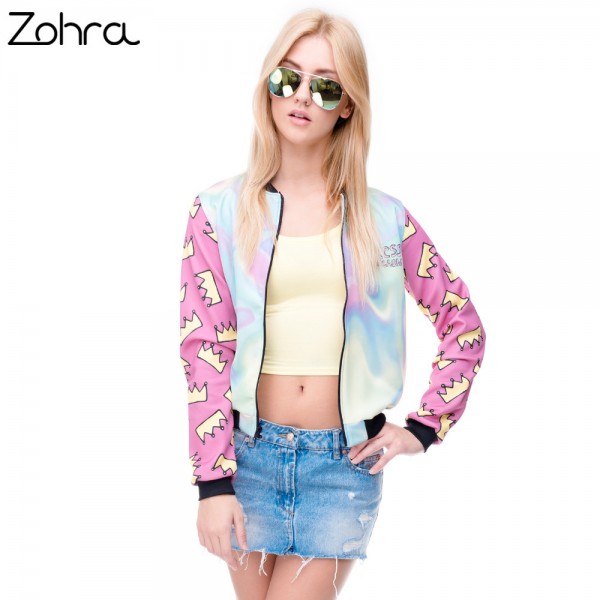 Zohra Hot sale Brand Women Bomber Jacket 3D Printed Princess Crown Outwear Coats University College chaquetas Basic Jackets