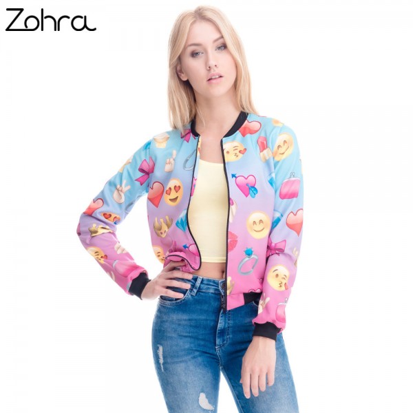 Zohra New arrival Womens Bomber Jacket 3D Printed Emoji Jackets Short Paragraph Coats University Teenager Outwear Jackets