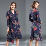 autumn winter runway designer womans dress dark blue suede fabric pink blue flower print side belt asymmetric high quality dress