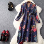 autumn winter runway designer womans dress dark blue suede fabric pink blue flower print side belt asymmetric high quality dress