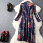 autumn winter runway designer womans dress dark blue suede fabric pink blue flower print side belt asymmetric high quality dress