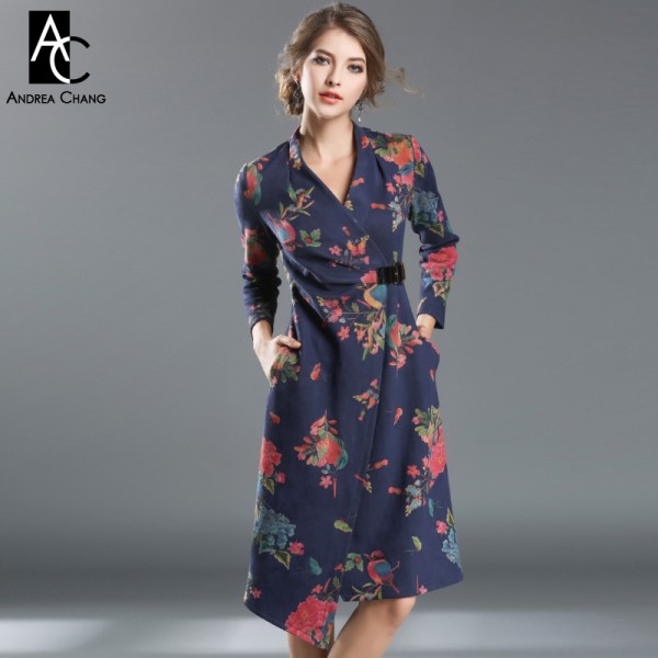 autumn winter runway designer womans dress dark blue suede fabric pink blue flower print side belt asymmetric high quality dress