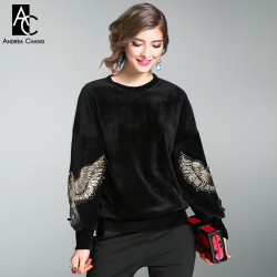 autumn winter runway designer womans outwear coats black velvet jacket coat beading golden eagle embroidery sleeve loose coat